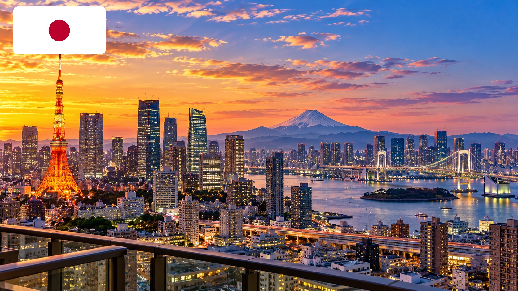 Tokyo panorama with the Japanese flag